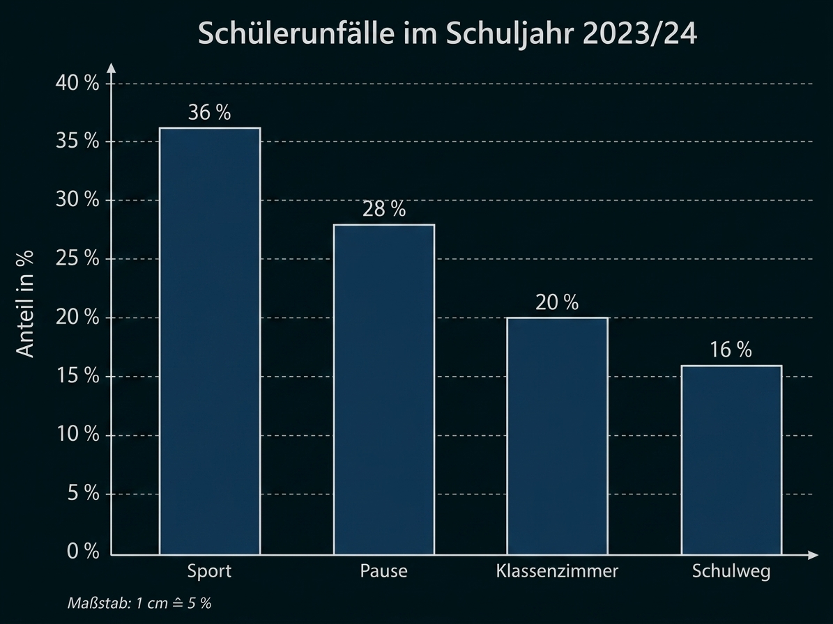 Balkendiagramm zu Schülerunfällen im Schuljahr 2023/24 nach Ort und Prozentanteil.